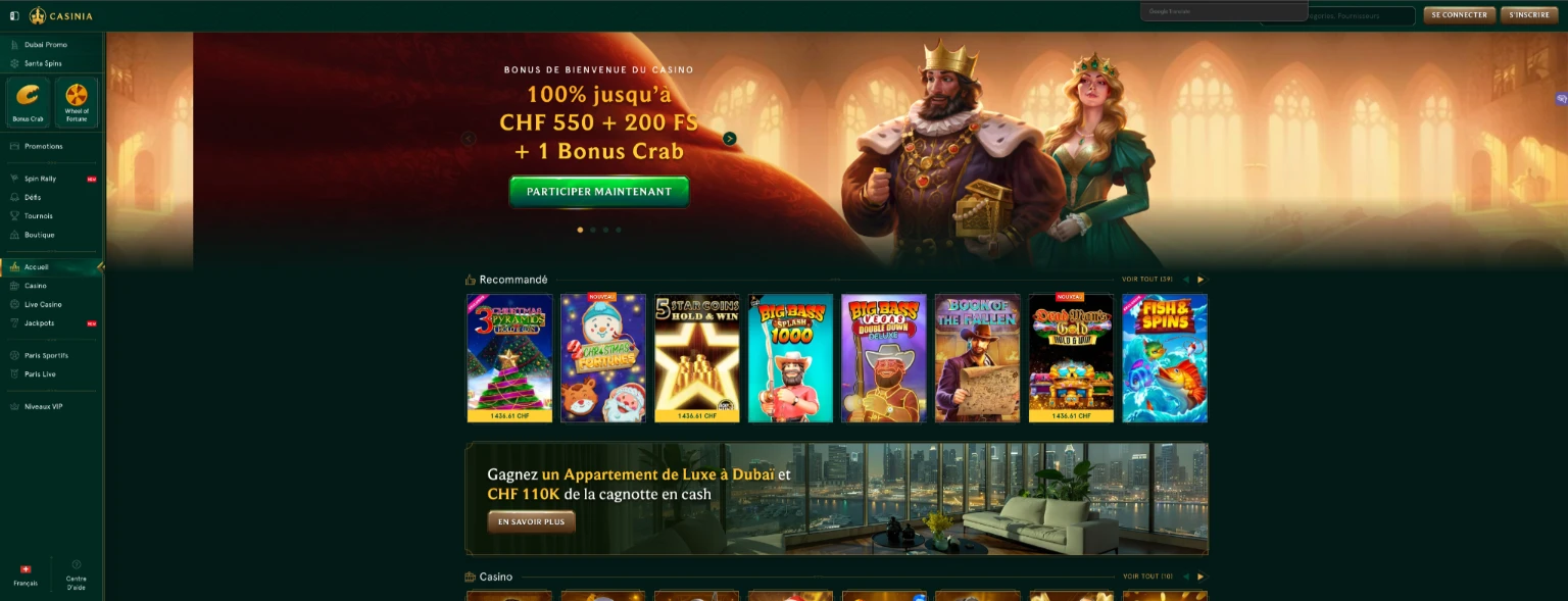 Casinia page d'accueil du casino