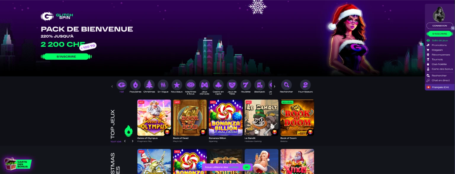 Glitchspin page d'accueil du casino