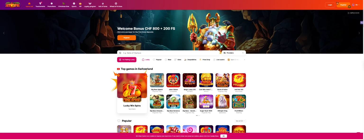 Hitnspin page d'accueil du casino