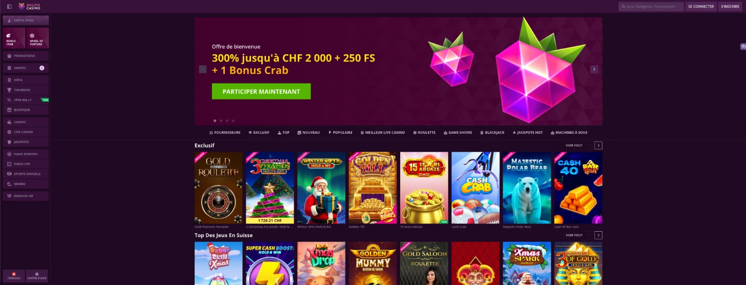 Malina casino page d'accueil du casino