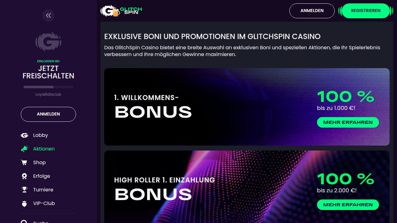 GlitchSpin Aktionsseite mit Willkommensbonus und Highroller-Bonus