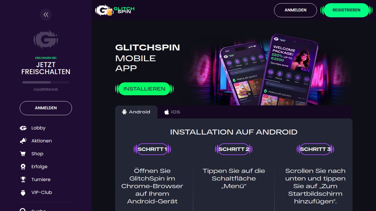 GlitchSpin Web-App: Installation auf Android über Chrome
