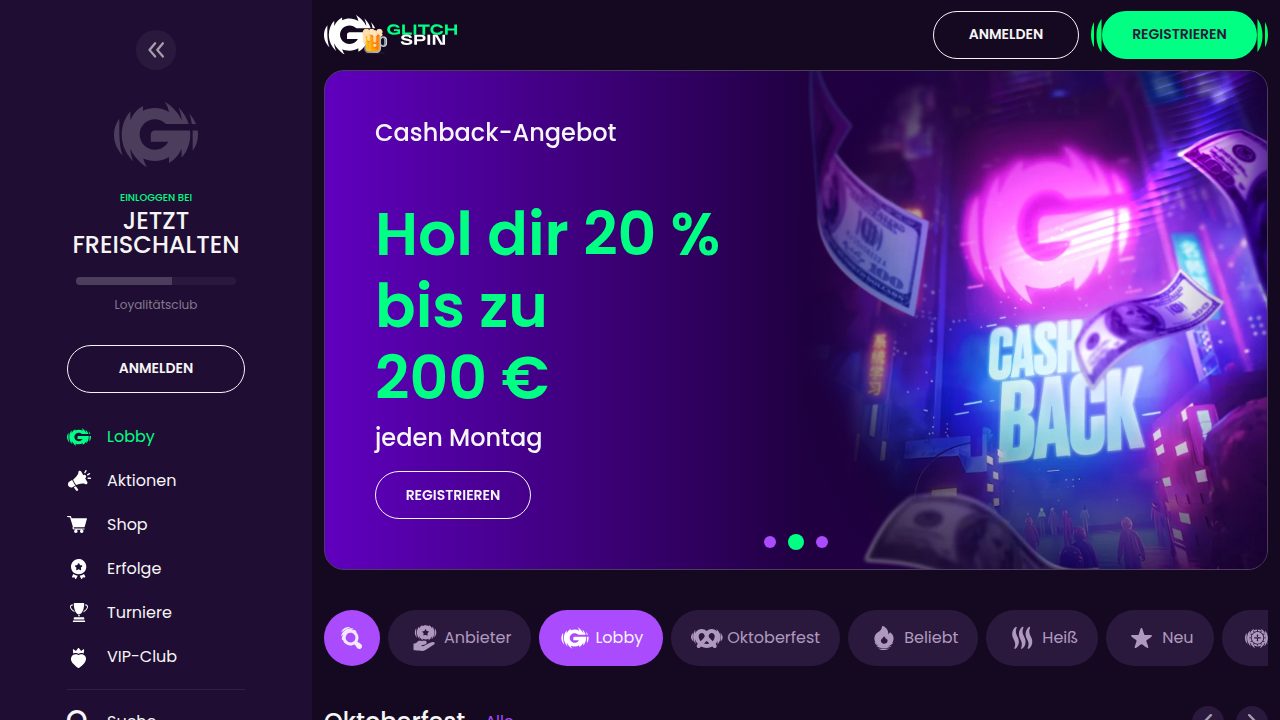 GlitchSpin Lobby mit Cashback-Angebot 20 % bis 200 € jeden Montag