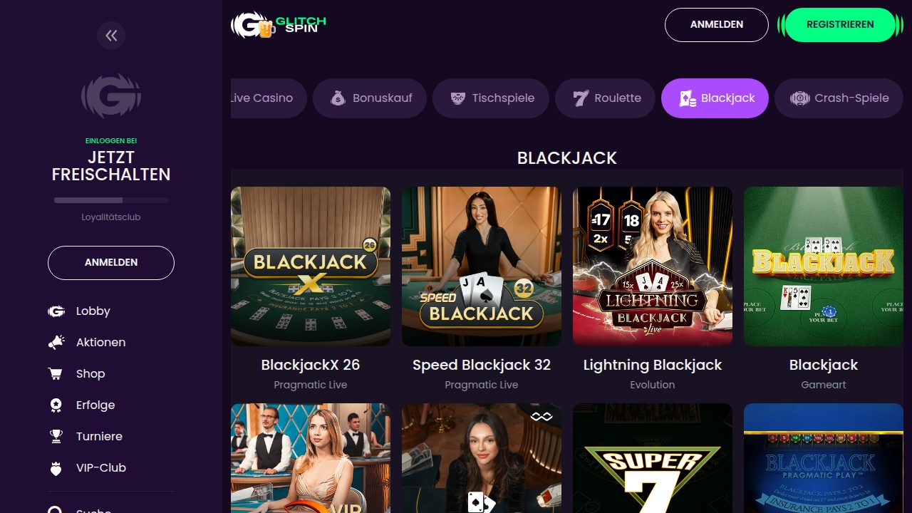 GlitchSpin Blackjack mit Live-Tischen wie Lightning Blackjack