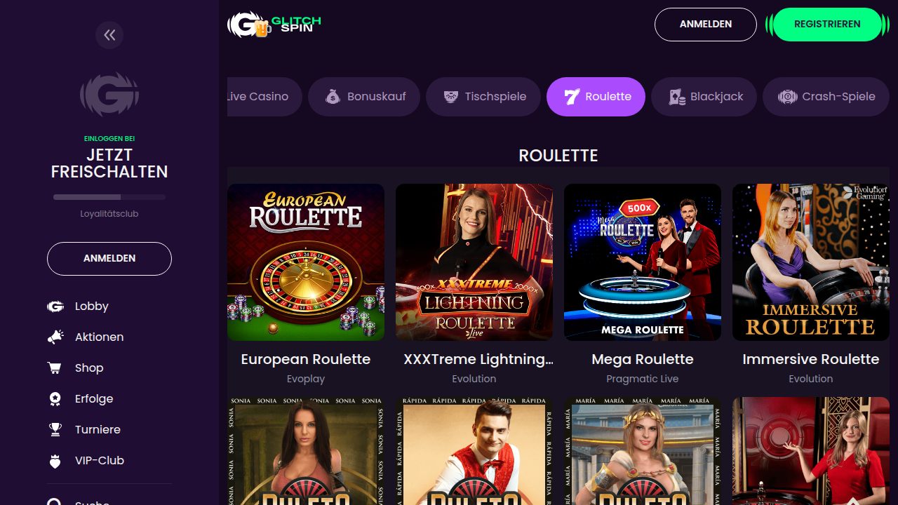 GlitchSpin Roulette mit Live-Tischen von Evolution und Pragmatic Live