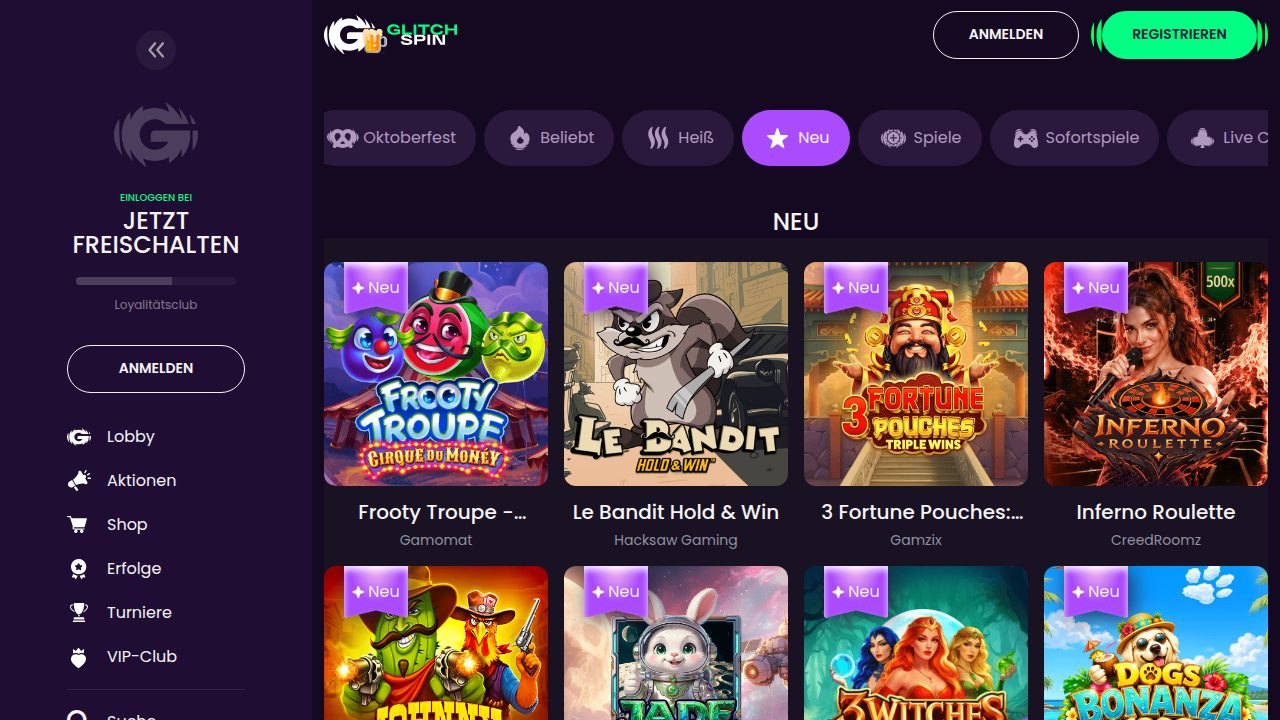 Neue Spiele bei GlitchSpin von Hacksaw Gaming, Gamomat und Gamzix