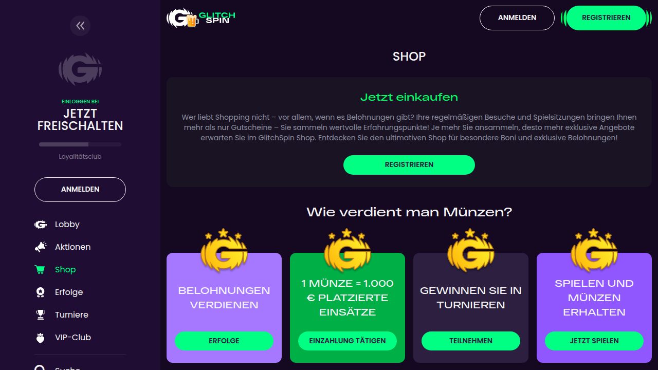 GlitchSpin Shop: Münzen gegen Freispiele und Cash-Bonus tauschen