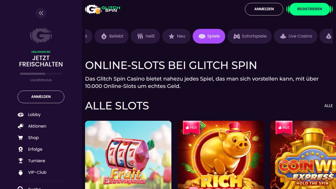 GlitchSpin Slots-Lobby mit Hot-Slots wie Rich Piggies 2