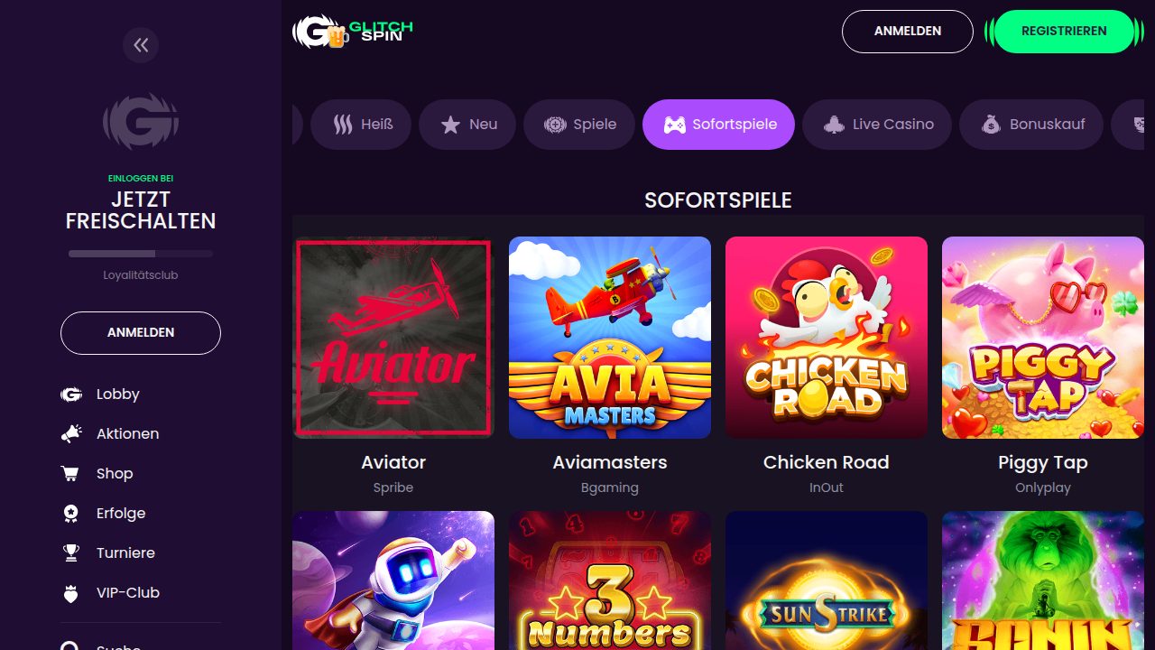 GlitchSpin Sofortspiele mit Aviator, Aviamasters und Chicken Road