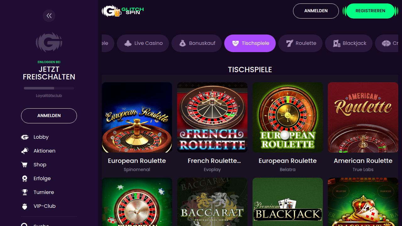 GlitchSpin Tischspiele mit Roulette, Baccarat und Blackjack