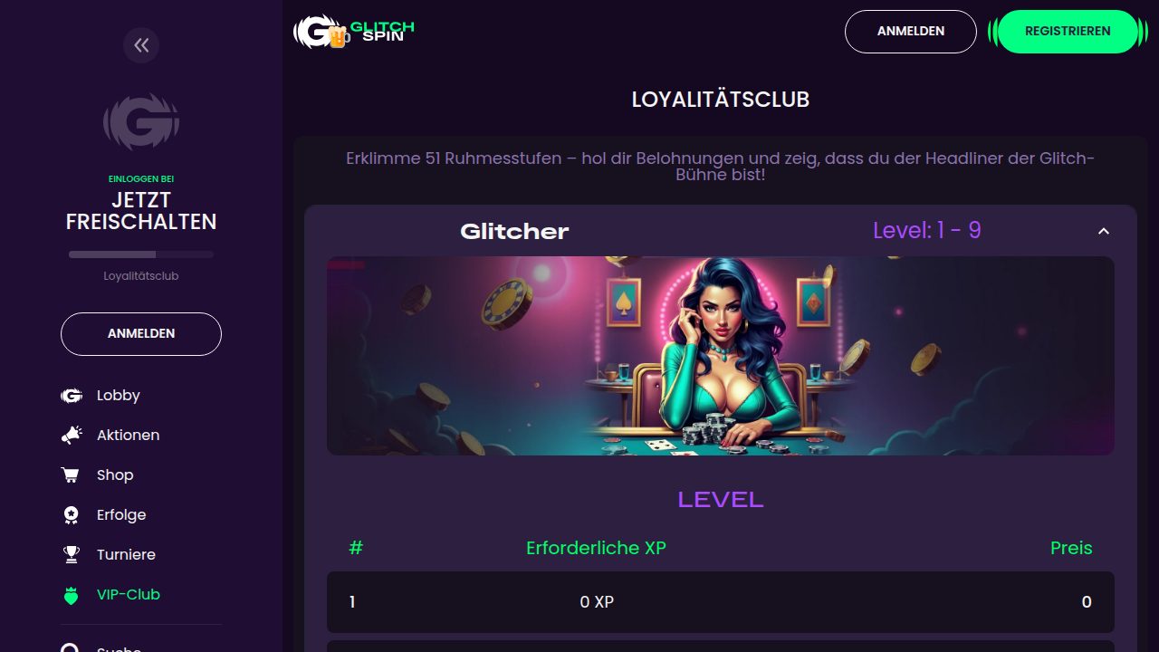 GlitchSpin Loyalitätsclub mit 51 Stufen
