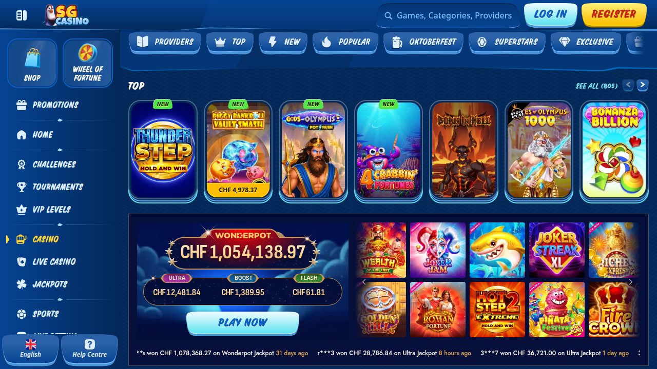SG Casino Slots-Lobby mit Wonderpot-Jackpot in CHF