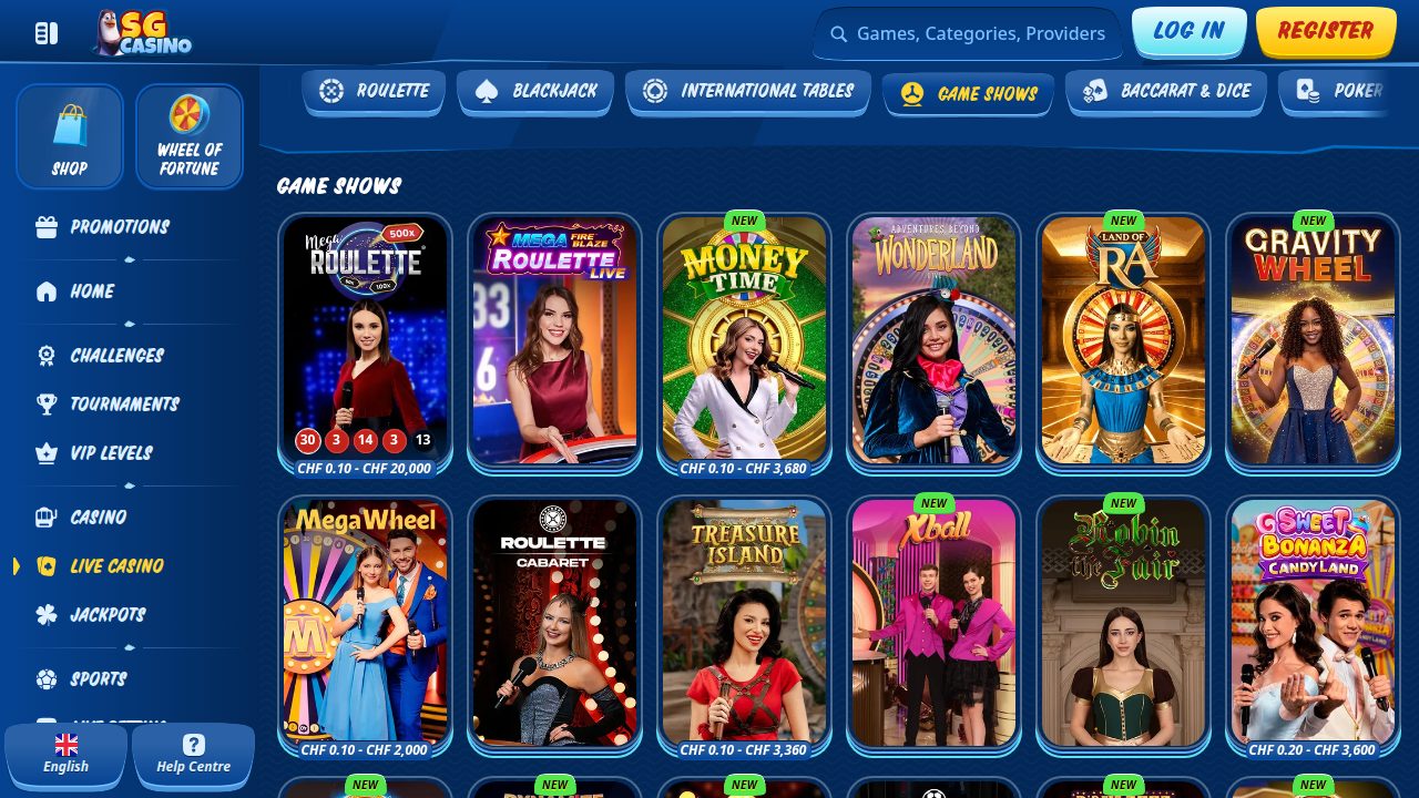Live-Spielshows bei SG Casino wie Money Time und Mega Wheel