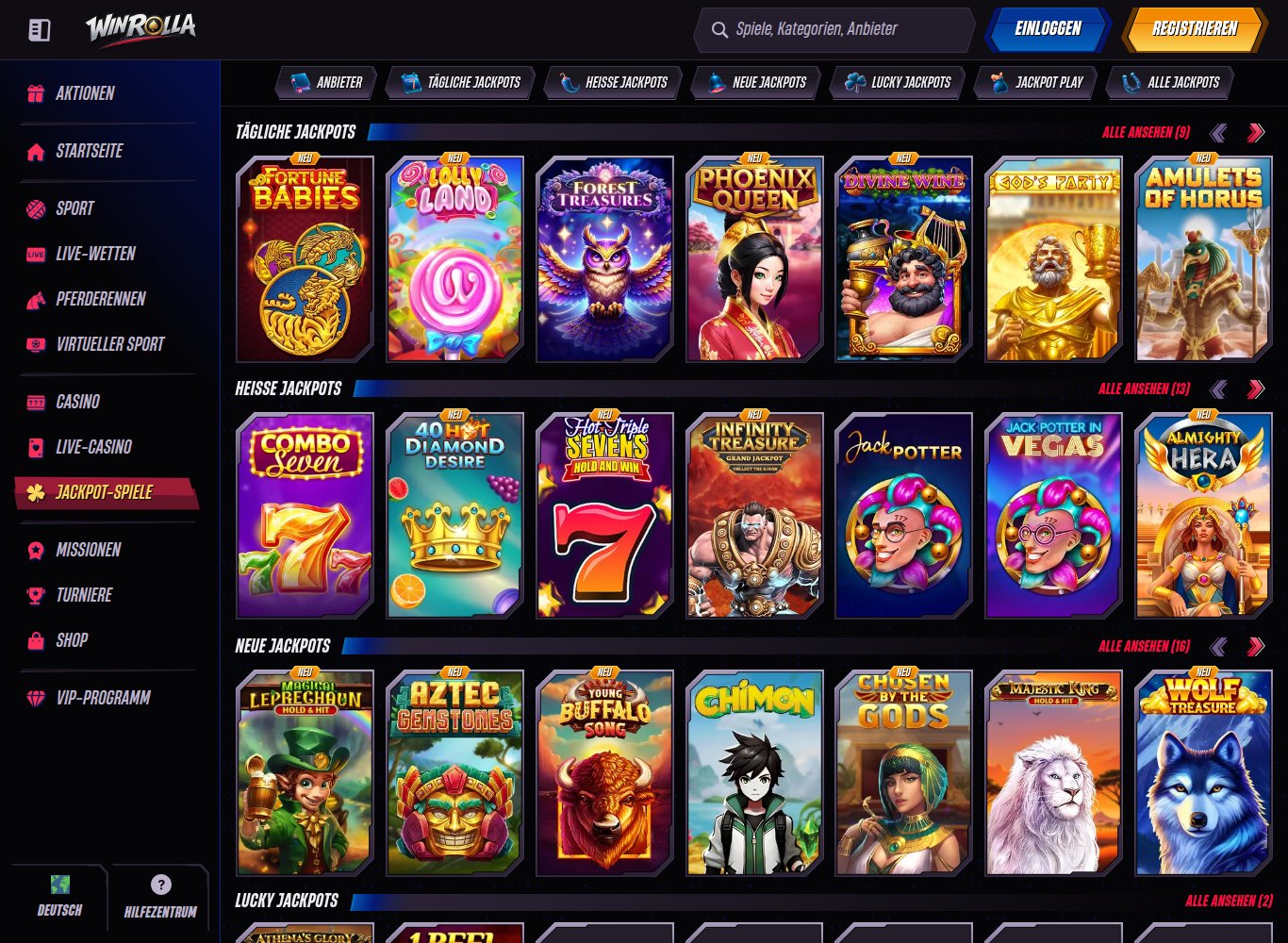 Winrolla Jackpot Spiele mit täglichen Jackpots