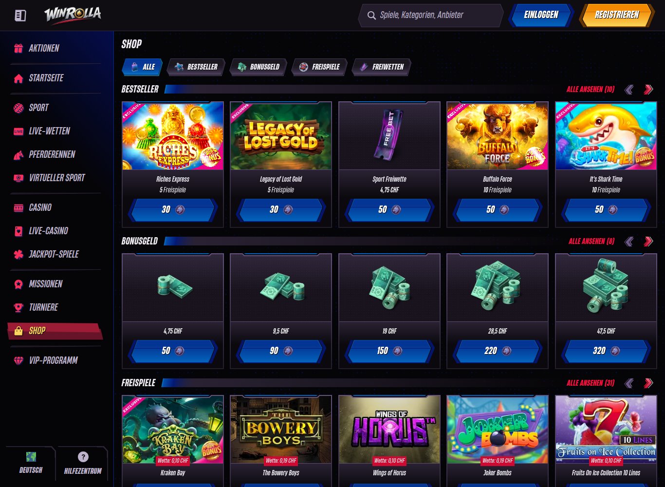 Winrolla Shop mit Bonusgeld und Freispielen