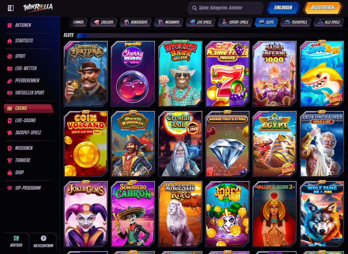 Winrolla Slots Lobby mit über 7.900 Spielen