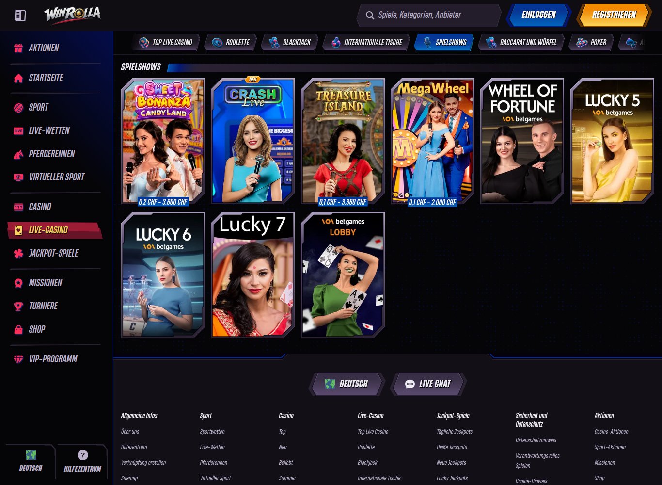 Winrolla Spielshows mit Mega Wheel und BetGames