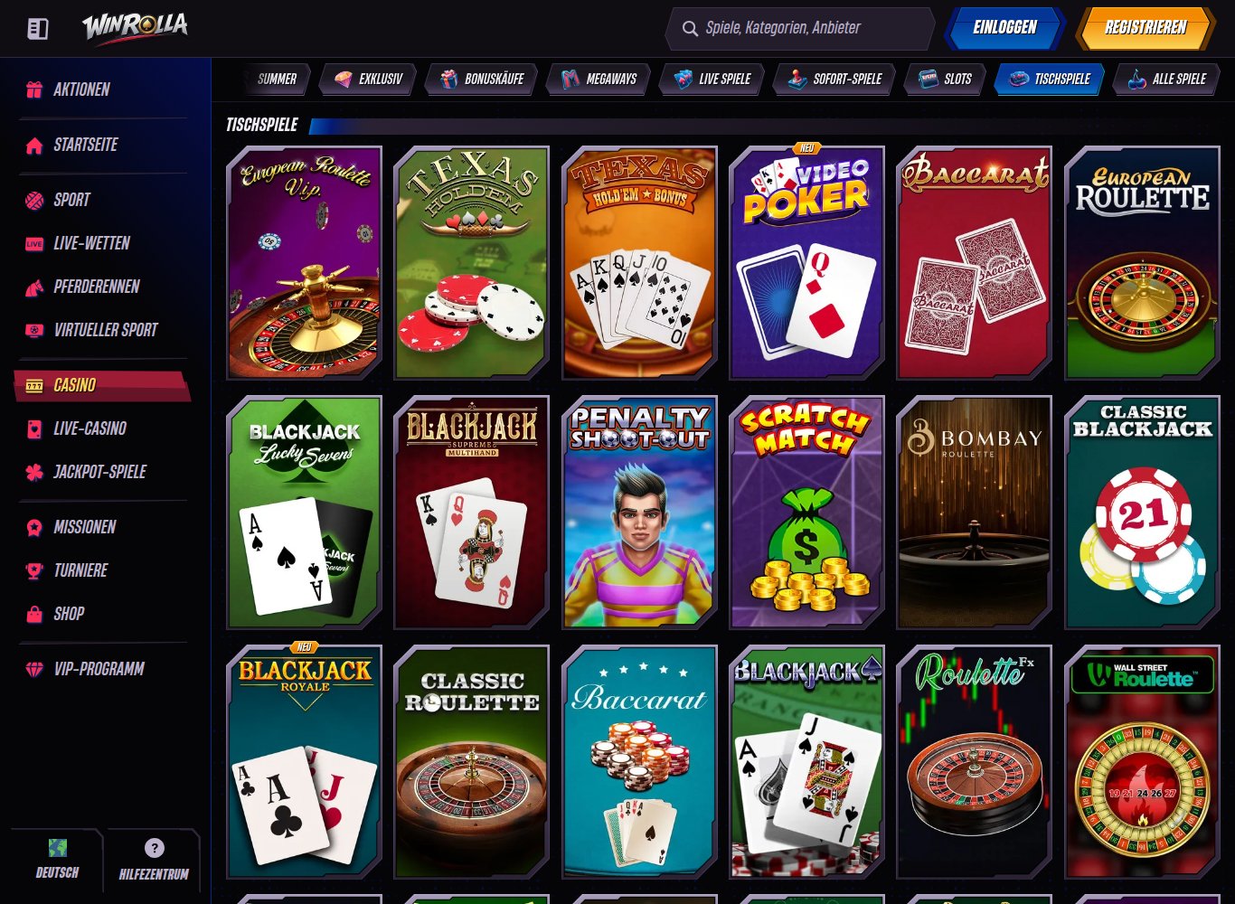 Winrolla Tischspiele mit Blackjack und Roulette