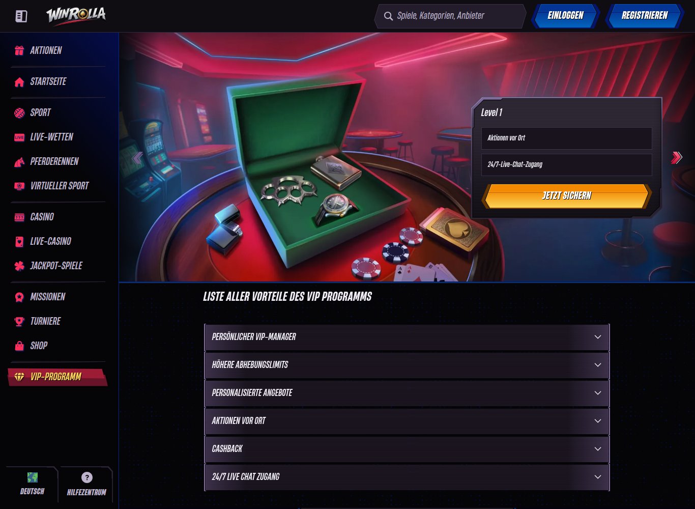Winrolla VIP Programm mit höheren Auszahlungslimits